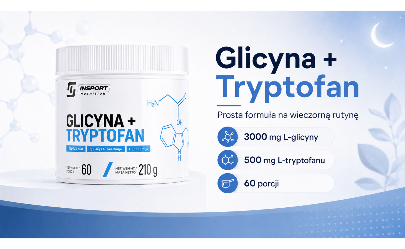 Glicyna + Tryptofan Insport Nutrition — prosty wieczorny rytuał dla osób, które chcą zadbać o spokojną regenerację.